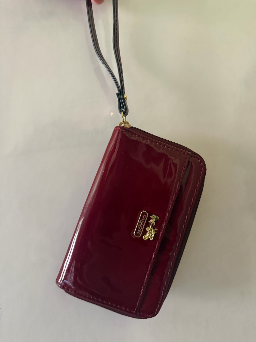 Small Vintage Coach Glossy Patent Wristlet in Deep Burgundy with Gold Hardware